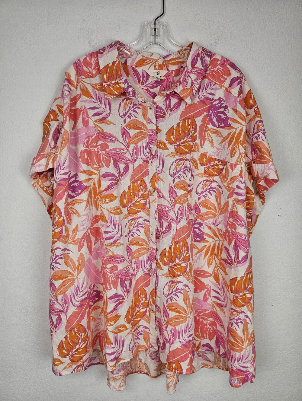 Linen Blend Tropical Button-Up Shirt Pink/Orange Sz 4X Vacay Resort Coastal